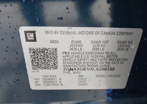 2020 Chevrolet Equinox Awd Lt 1.5L Turbo из США, поврежденный, VIN 2GNAXUEVXL6284168